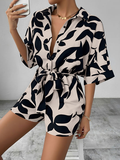 Satin Printed Short Sleeves Buttun Down Tie Waist Rompers