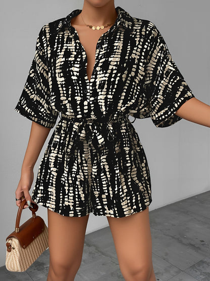 Satin Printed Short Sleeves Buttun Down Tie Waist Rompers