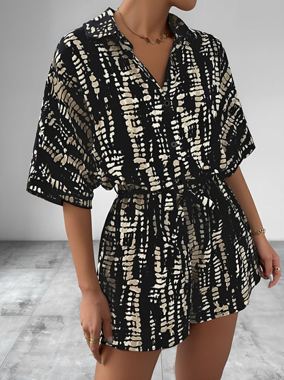 Satin Printed Short Sleeves Buttun Down Tie Waist Rompers