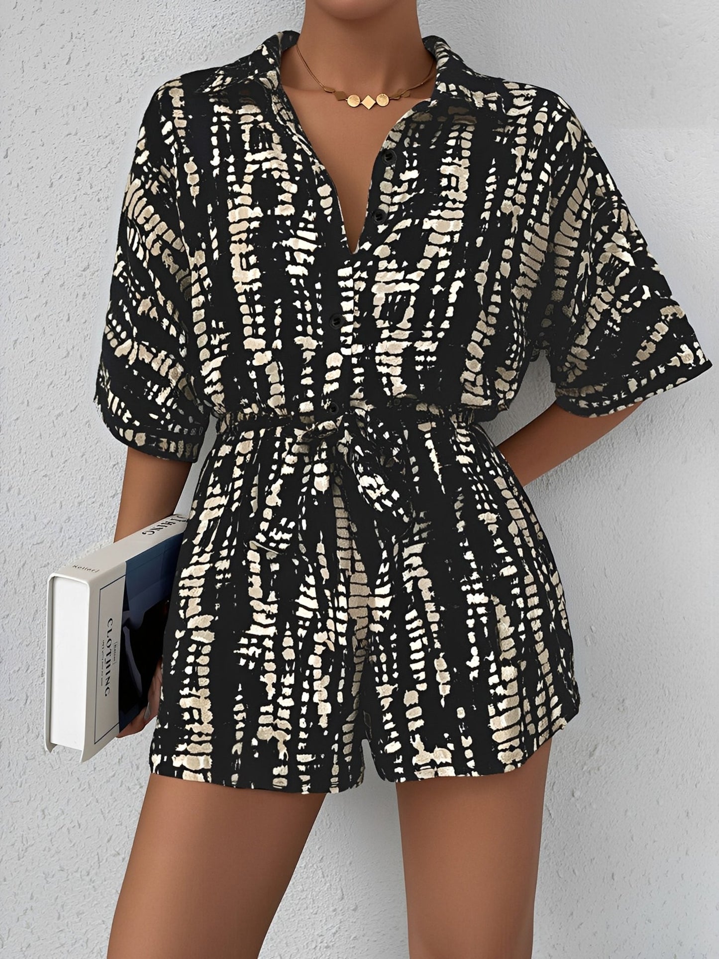 Satin Printed Short Sleeves Buttun Down Tie Waist Rompers