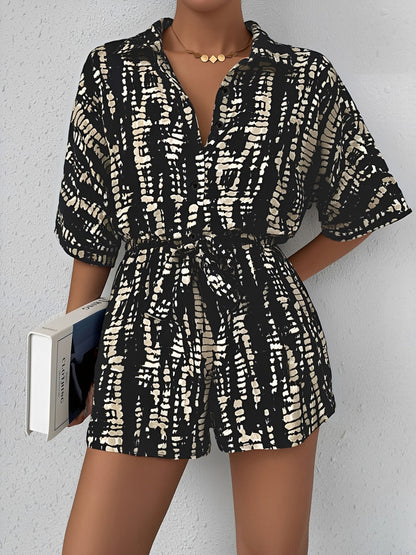 Satin Printed Short Sleeves Buttun Down Tie Waist Rompers