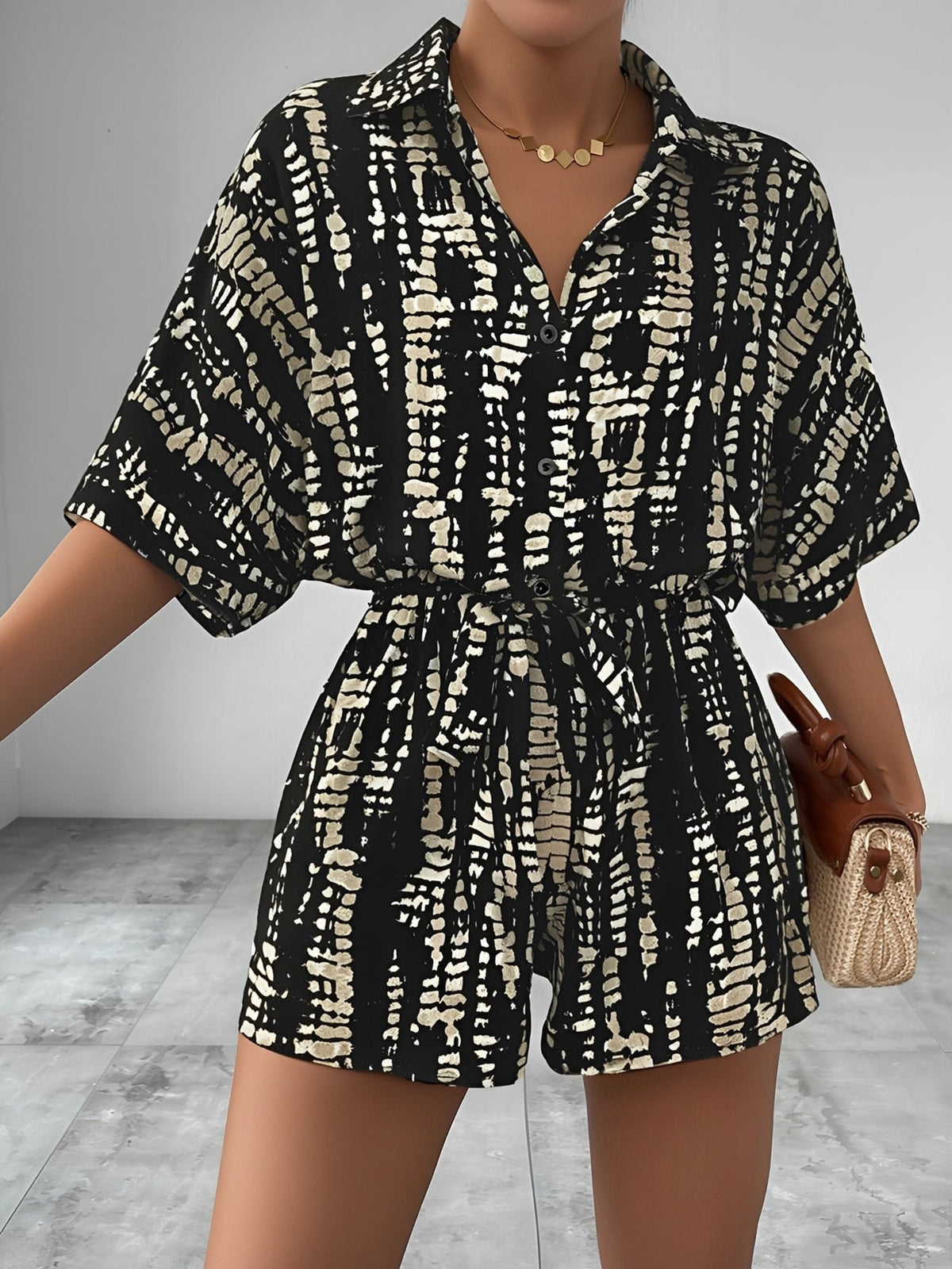 Satin Printed Short Sleeves Buttun Down Tie Waist Rompers