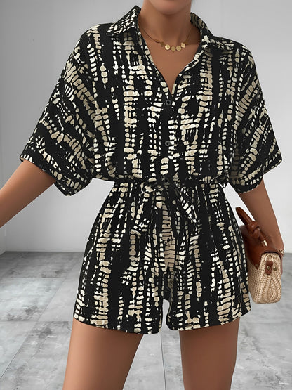 Satin Printed Short Sleeves Buttun Down Tie Waist Rompers