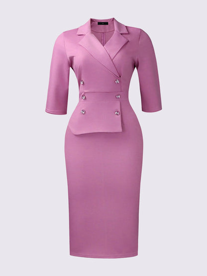 3/4 Sleeves Notch Lapel Midi Sheath Dress