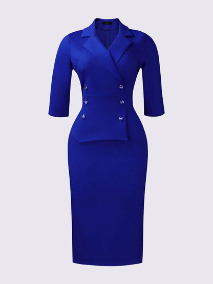 3/4 Sleeves Notch Lapel Midi Sheath Dress