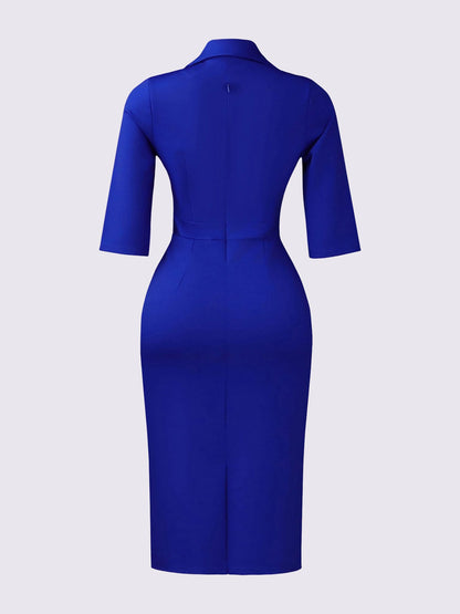 3/4 Sleeves Notch Lapel Midi Sheath Dress