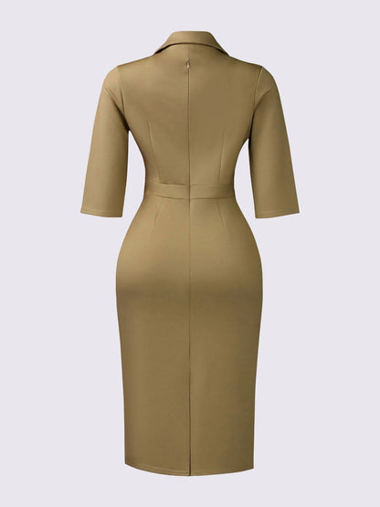 3/4 Sleeves Notch Lapel Midi Sheath Dress