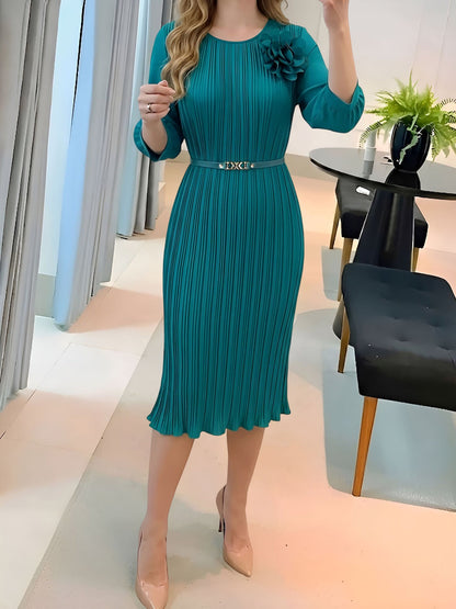 Round Neck 3/4 Sleeves Pleated Flower Decor Midi Dress