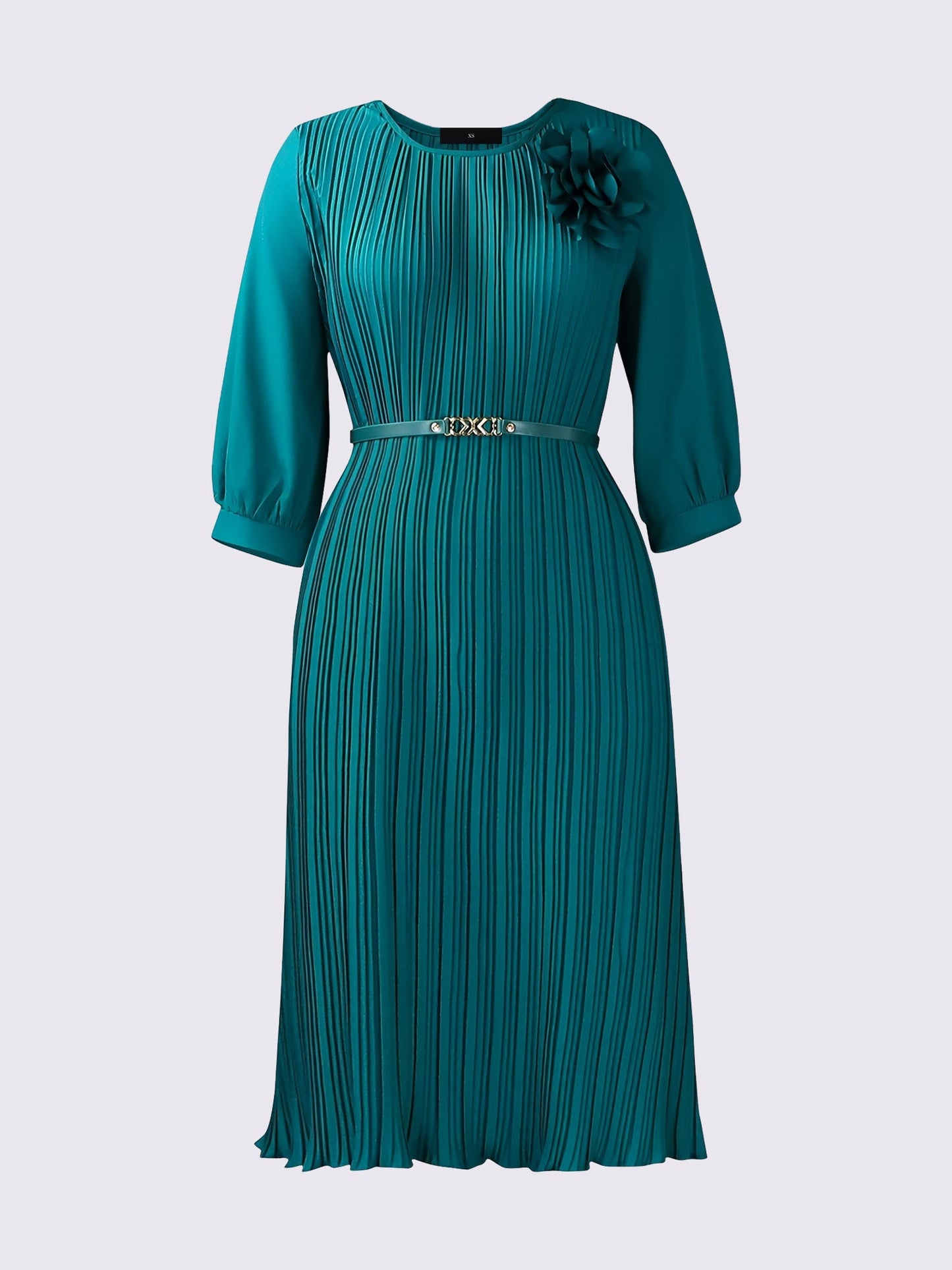 Round Neck 3/4 Sleeves Pleated Flower Decor Midi Dress