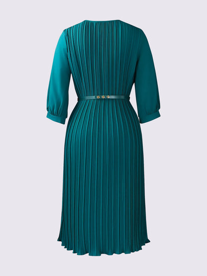 Round Neck 3/4 Sleeves Pleated Flower Decor Midi Dress