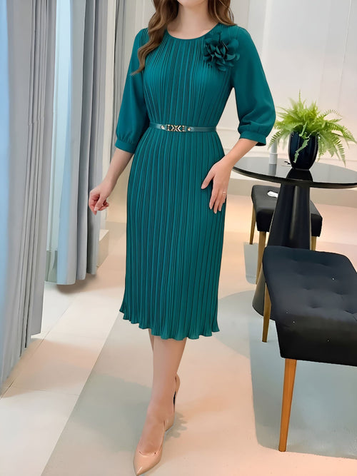 Round Neck 3/4 Sleeves Pleated Flower Decor Midi Dress