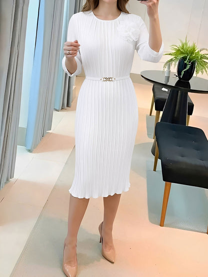 Round Neck 3/4 Sleeves Pleated Flower Decor Midi Dress