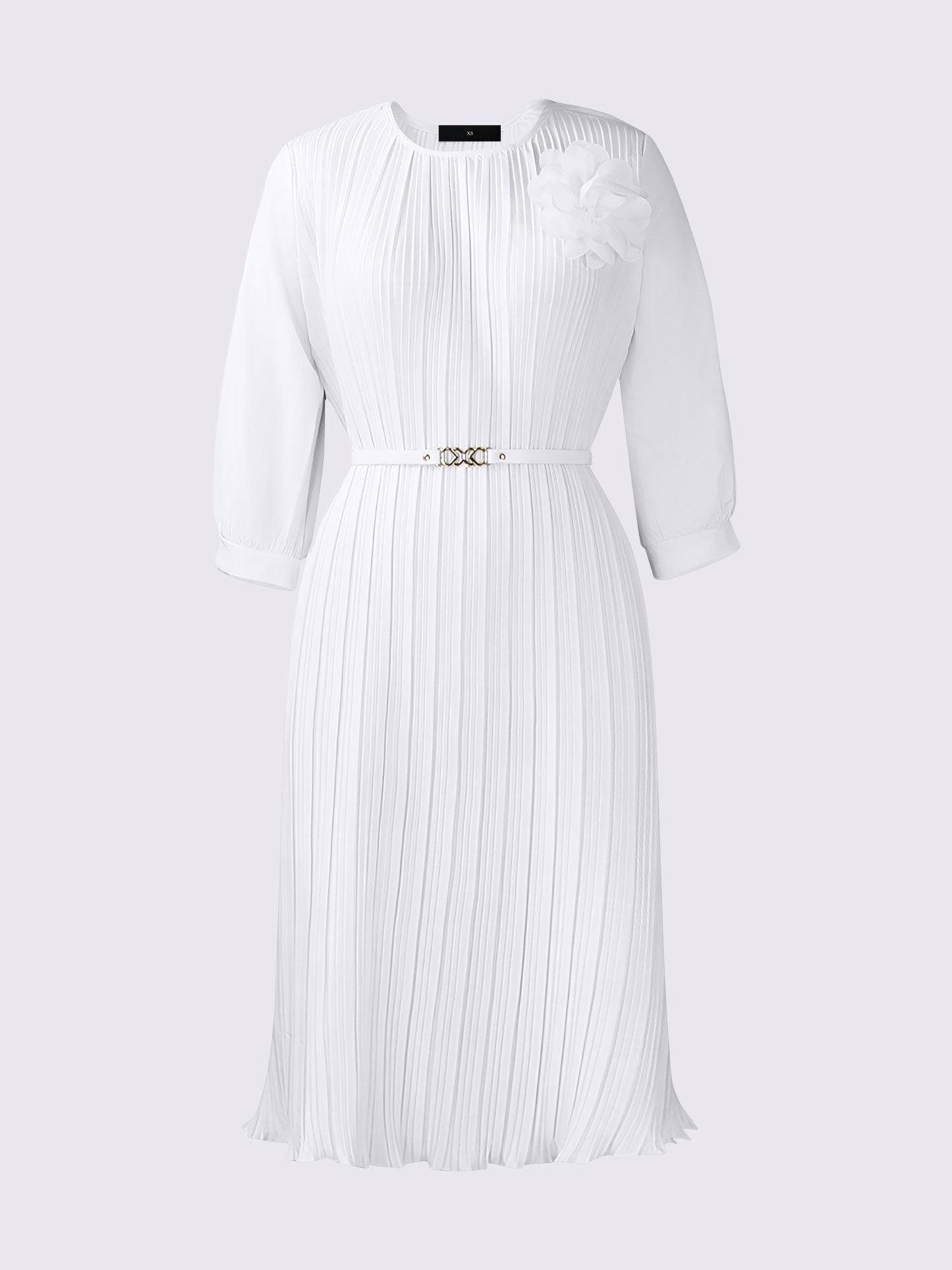Round Neck 3/4 Sleeves Pleated Flower Decor Midi Dress