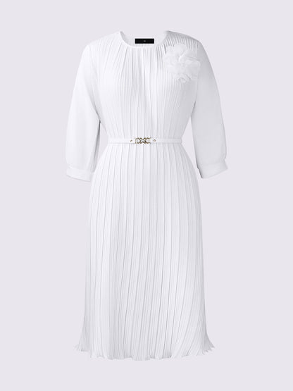 Round Neck 3/4 Sleeves Pleated Flower Decor Midi Dress