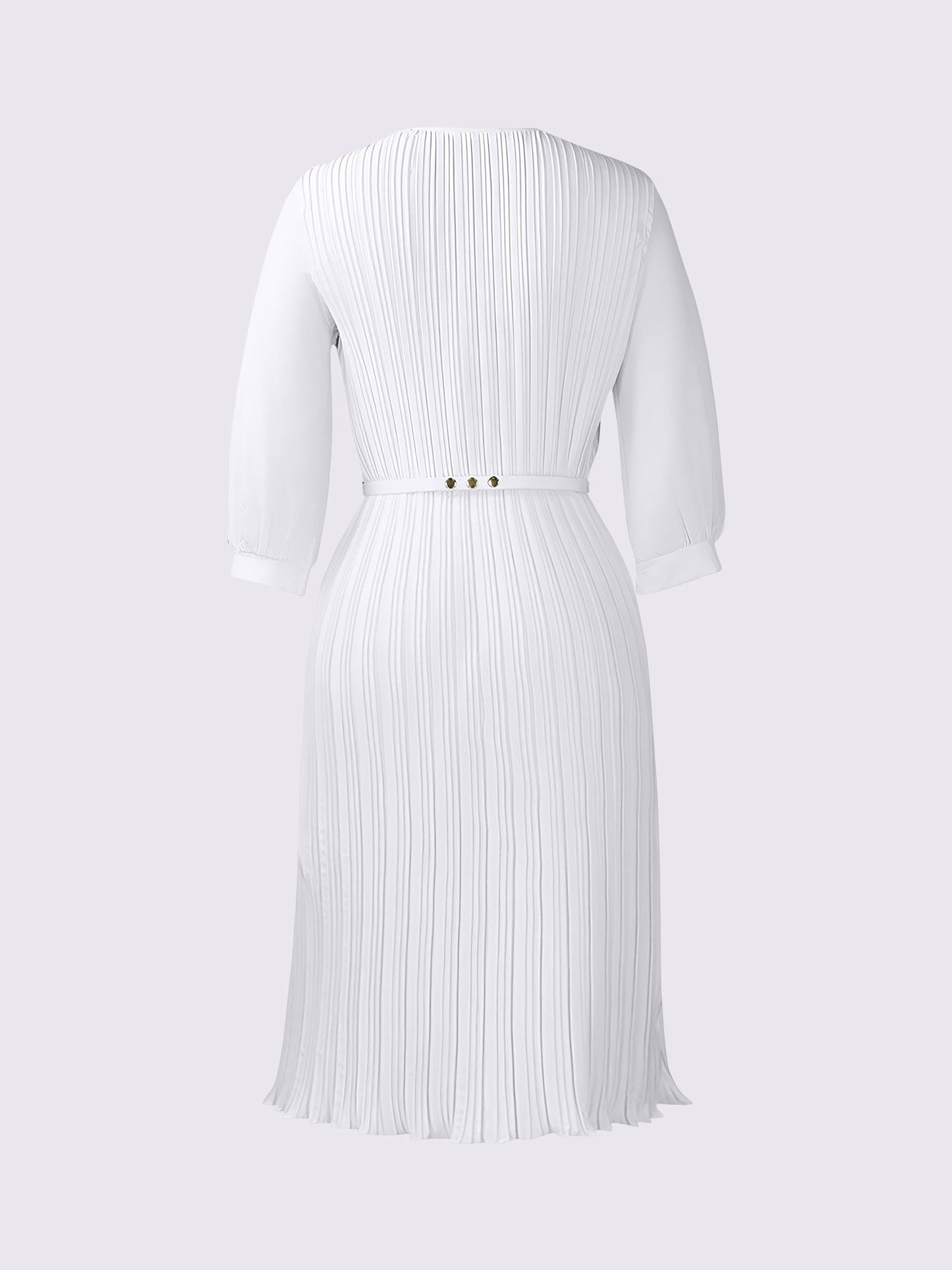Round Neck 3/4 Sleeves Pleated Flower Decor Midi Dress