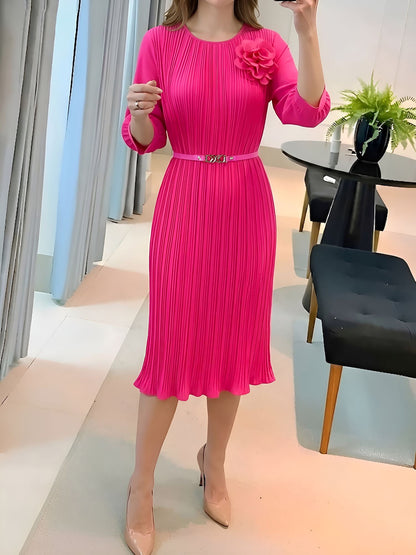 Round Neck 3/4 Sleeves Pleated Flower Decor Midi Dress