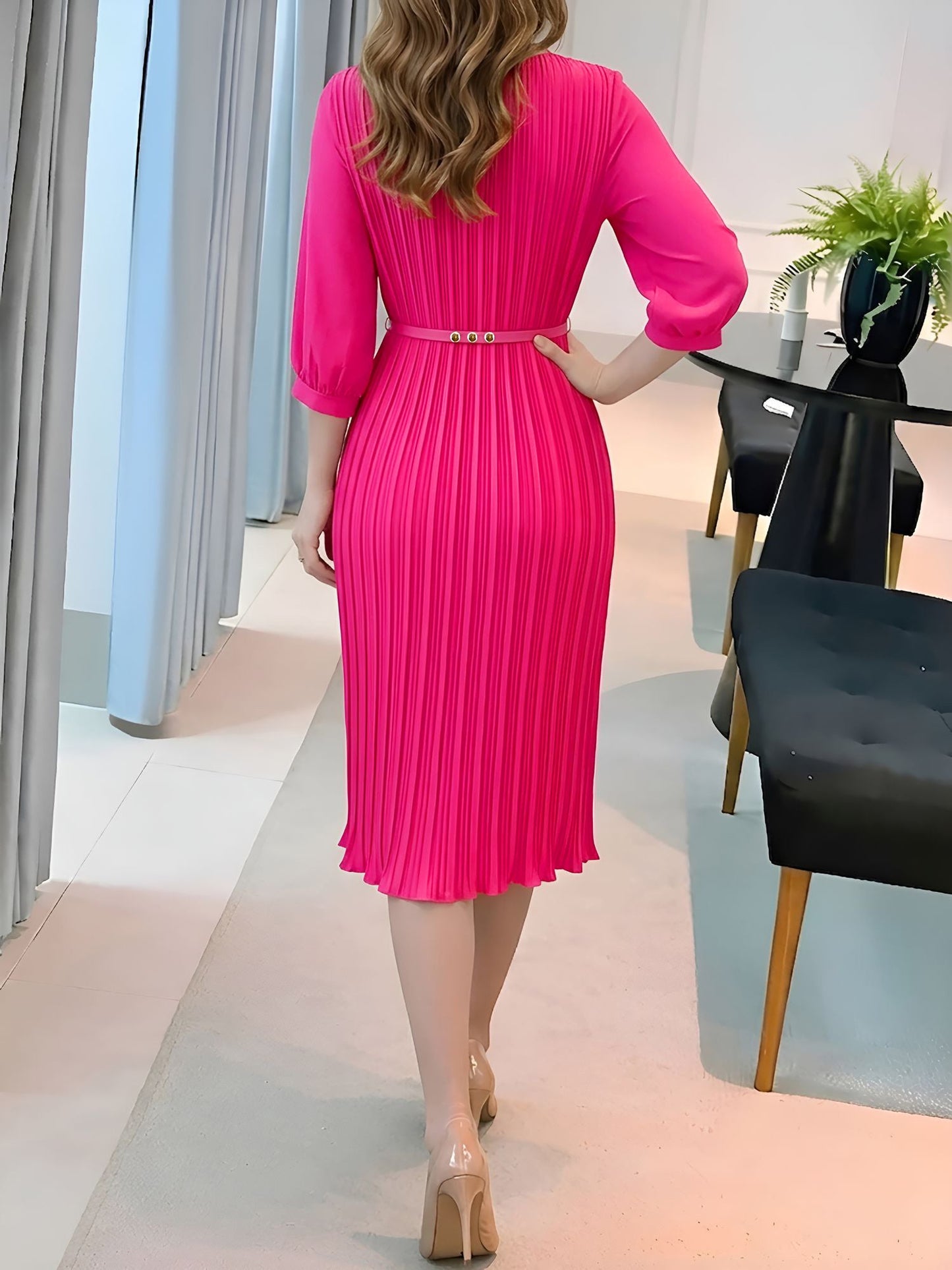 Round Neck 3/4 Sleeves Pleated Flower Decor Midi Dress