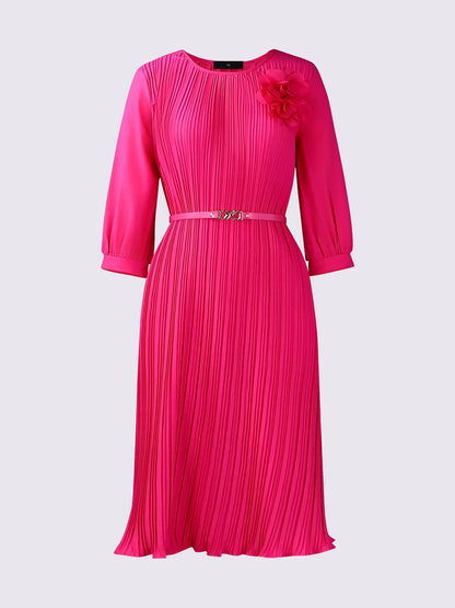 Round Neck 3/4 Sleeves Pleated Flower Decor Midi Dress