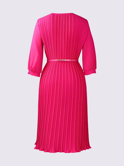 Round Neck 3/4 Sleeves Pleated Flower Decor Midi Dress