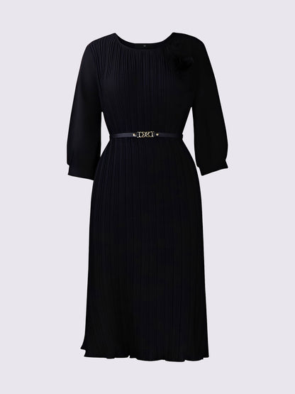 Round Neck 3/4 Sleeves Pleated Flower Decor Midi Dress