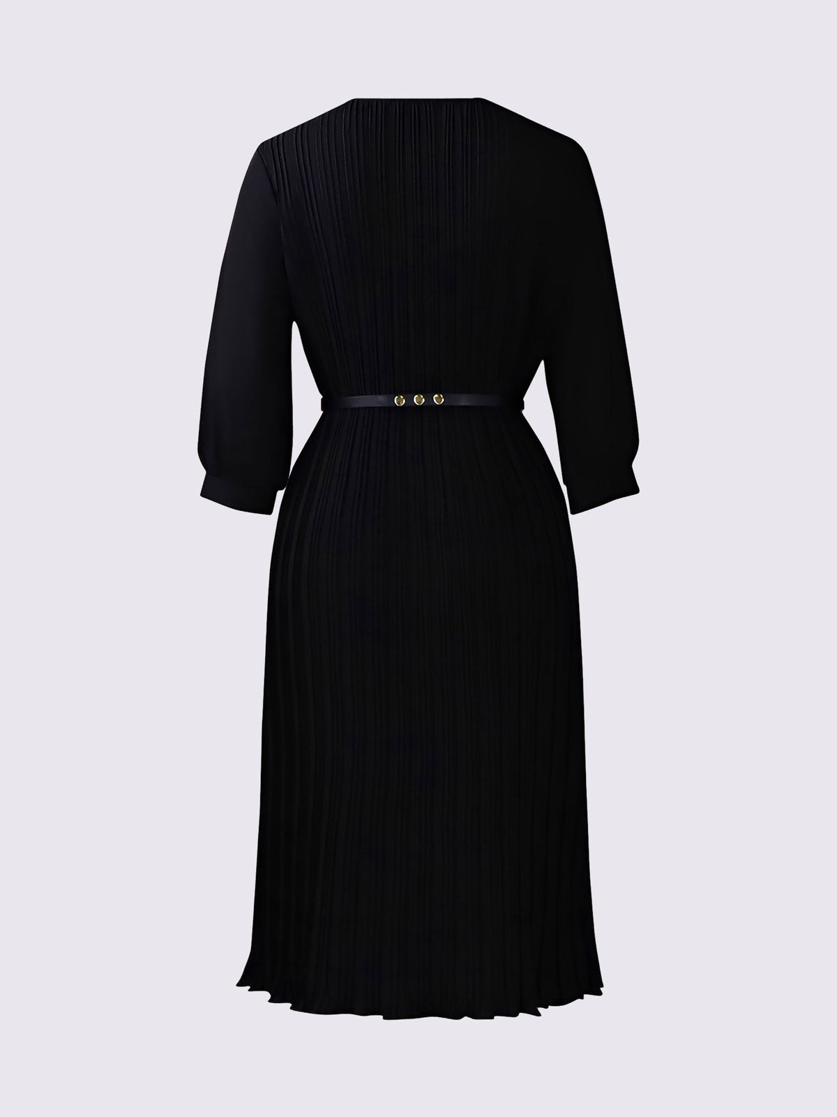 Round Neck 3/4 Sleeves Pleated Flower Decor Midi Dress