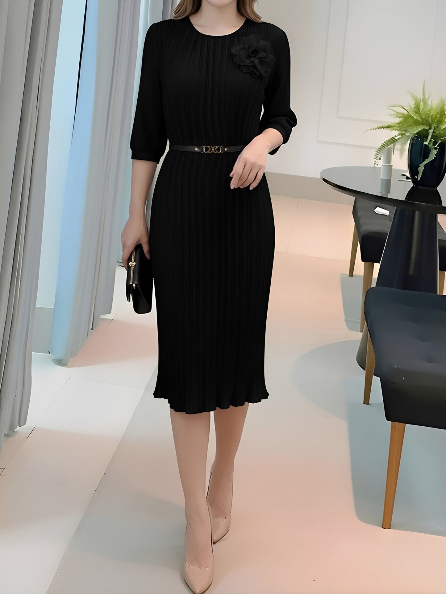 Round Neck 3/4 Sleeves Pleated Flower Decor Midi Dress
