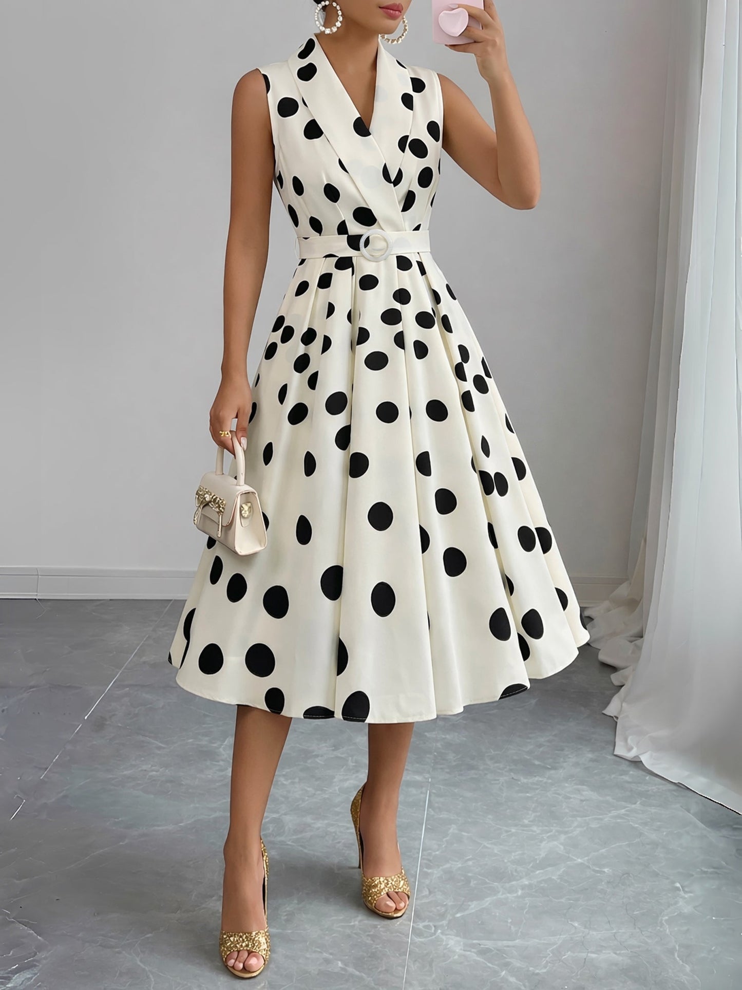 Solid Color/Polka Dot Belted Midi Vintage Swing Dress