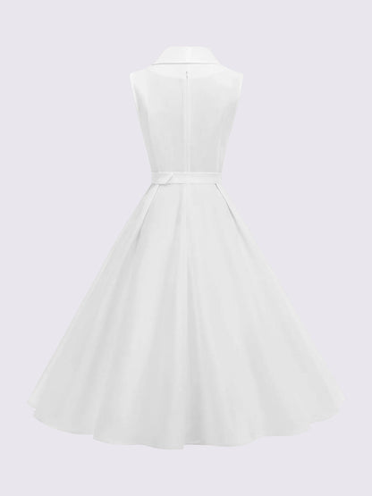Solid Color/Polka Dot Belted Midi Vintage Swing Dress