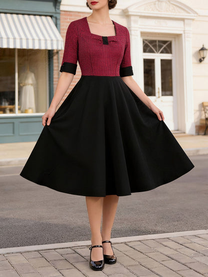 Square Neck Gingham Patchwork Retro Swing Dress