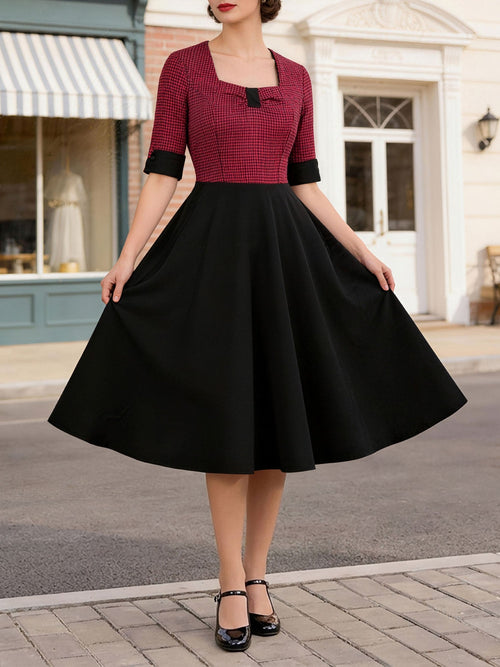Square Neck Gingham Patchwork Retro Swing Dress