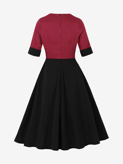 Square Neck Gingham Patchwork Retro Swing Dress