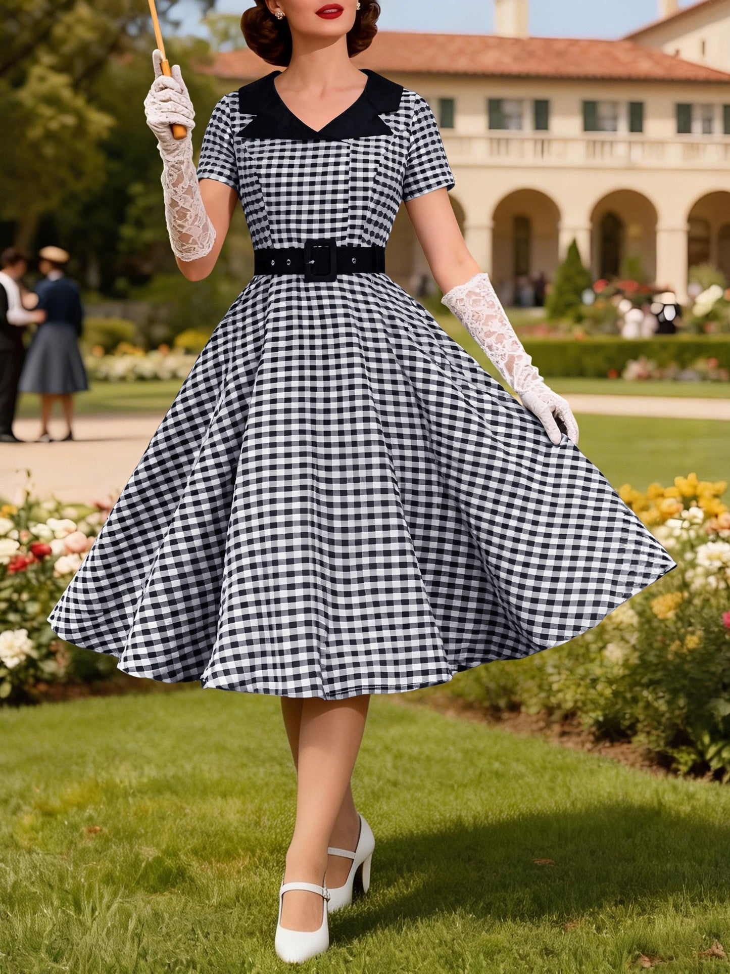 Colorblock Gingham Short Sleeve Belted Retro Swing Dress