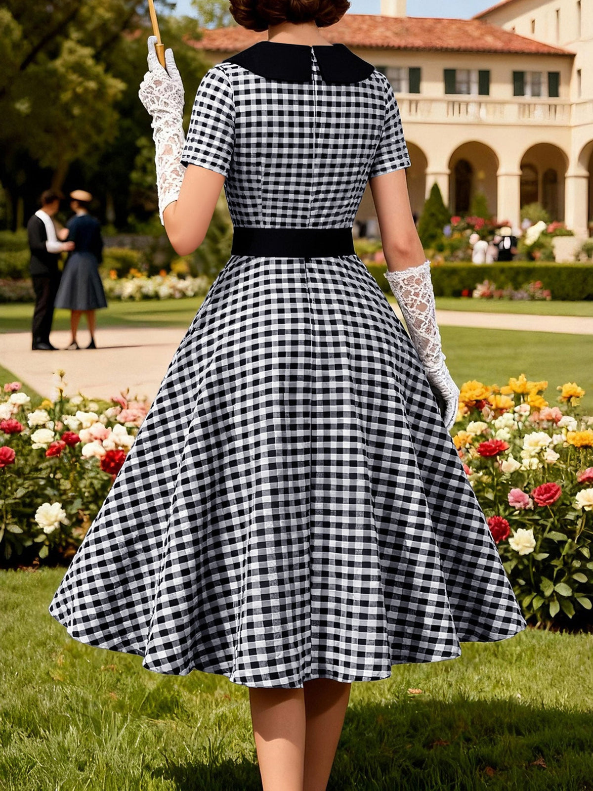 Colorblock Gingham Short Sleeve Belted Retro Swing Dress