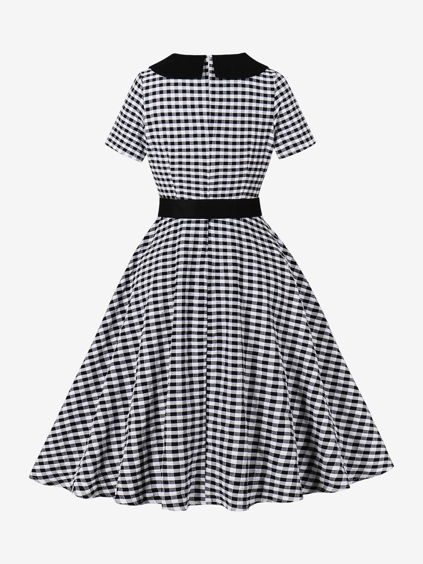 Colorblock Gingham Short Sleeve Belted Retro Swing Dress