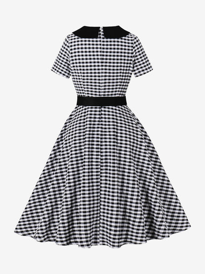 Colorblock Gingham Short Sleeve Belted Retro Swing Dress