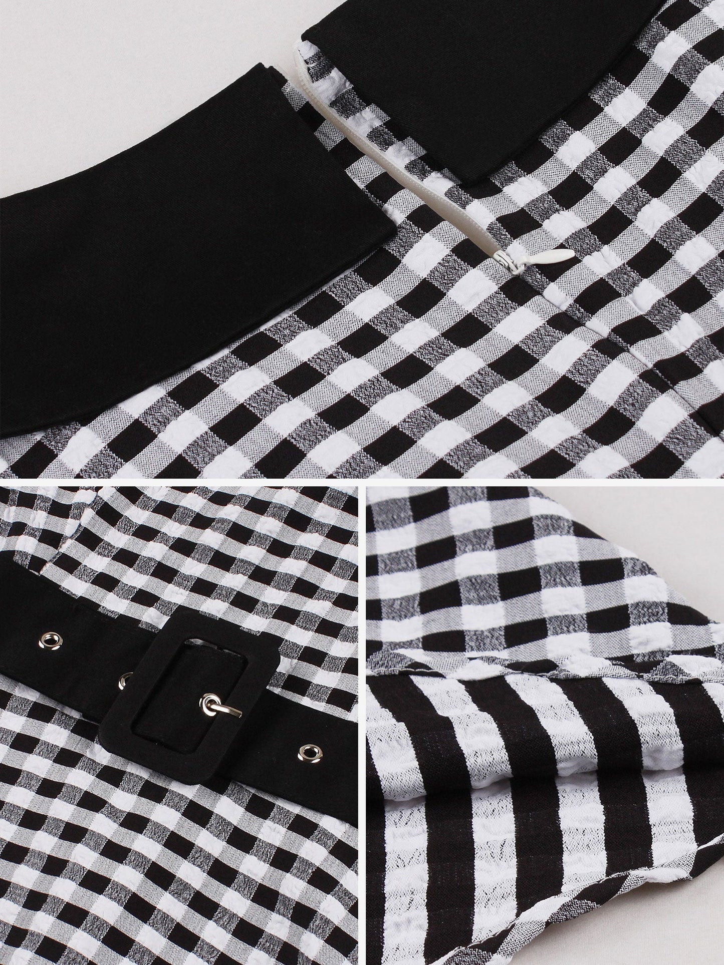 Colorblock Gingham Short Sleeve Belted Retro Swing Dress