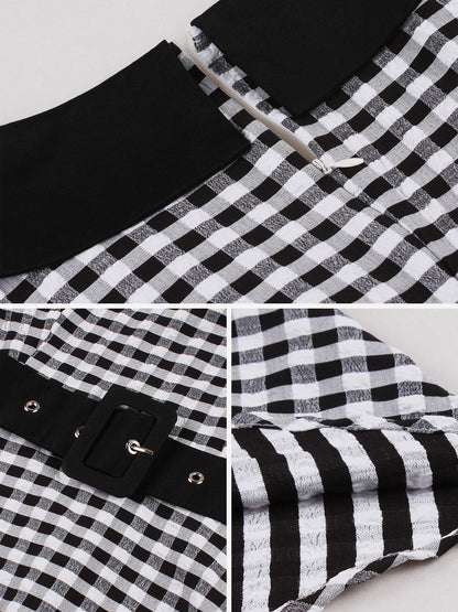 Colorblock Gingham Short Sleeve Belted Retro Swing Dress