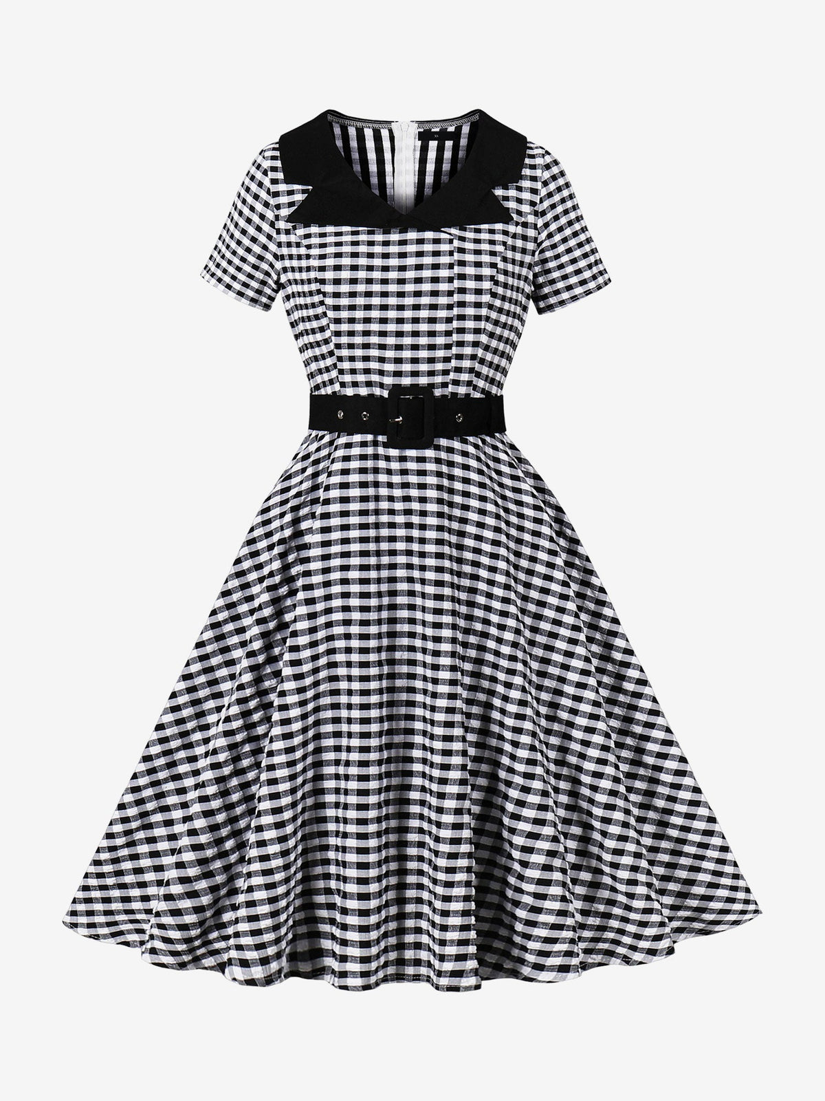 Colorblock Gingham Short Sleeve Belted Retro Swing Dress