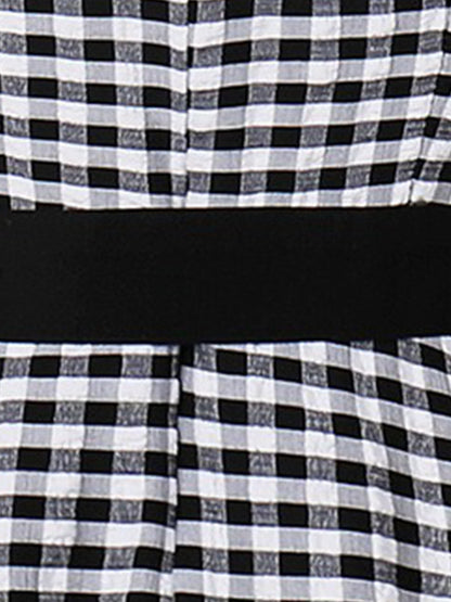 Colorblock Gingham Short Sleeve Belted Retro Swing Dress
