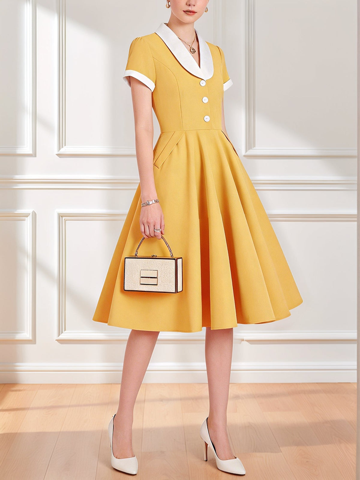 Colorblock Short Sleeves Retro Style Midi Swing Dress