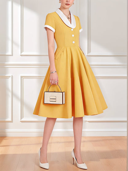 Colorblock Short Sleeves Retro Style Midi Swing Dress