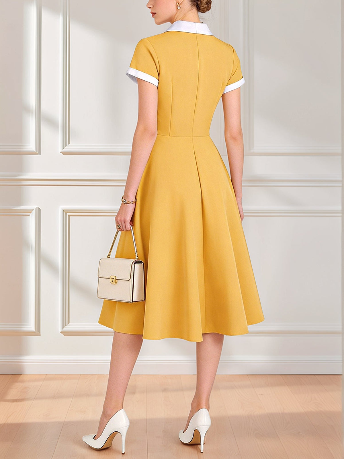 Colorblock Short Sleeves Retro Style Midi Swing Dress