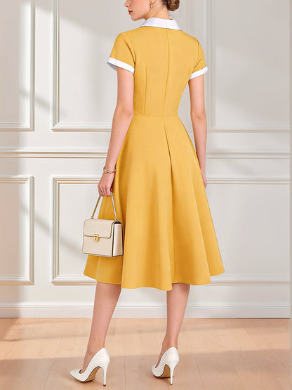 Colorblock Short Sleeves Retro Style Midi Swing Dress