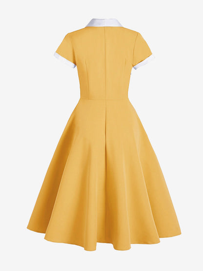 Colorblock Short Sleeves Retro Style Midi Swing Dress