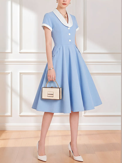 Colorblock Short Sleeves Retro Style Midi Swing Dress