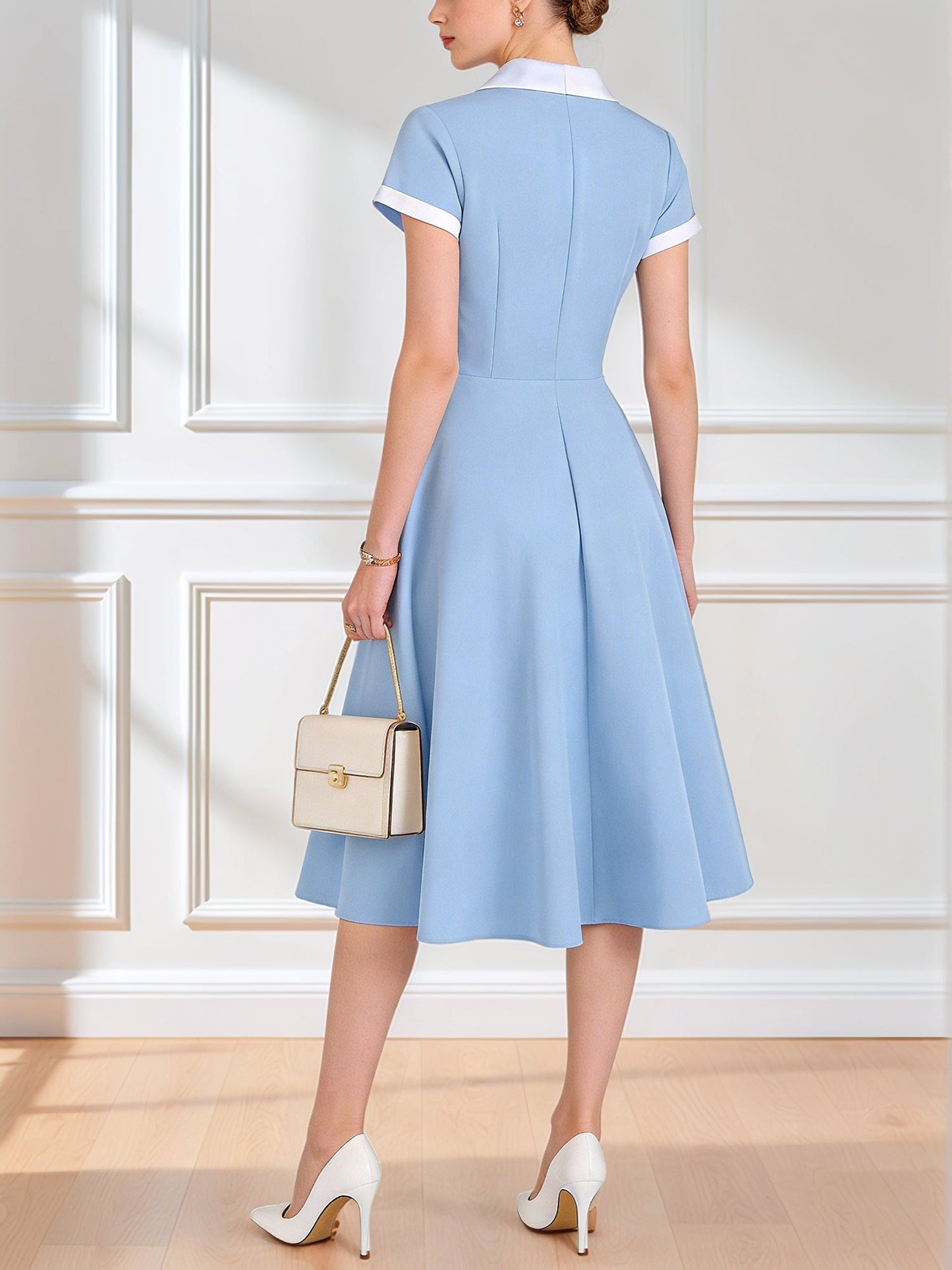 Colorblock Short Sleeves Retro Style Midi Swing Dress