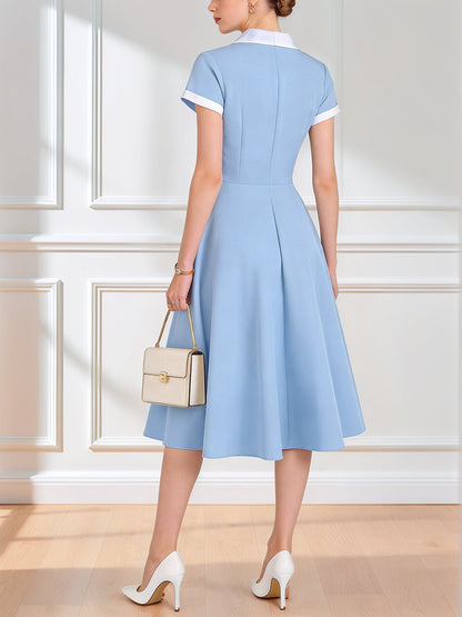 Colorblock Short Sleeves Retro Style Midi Swing Dress