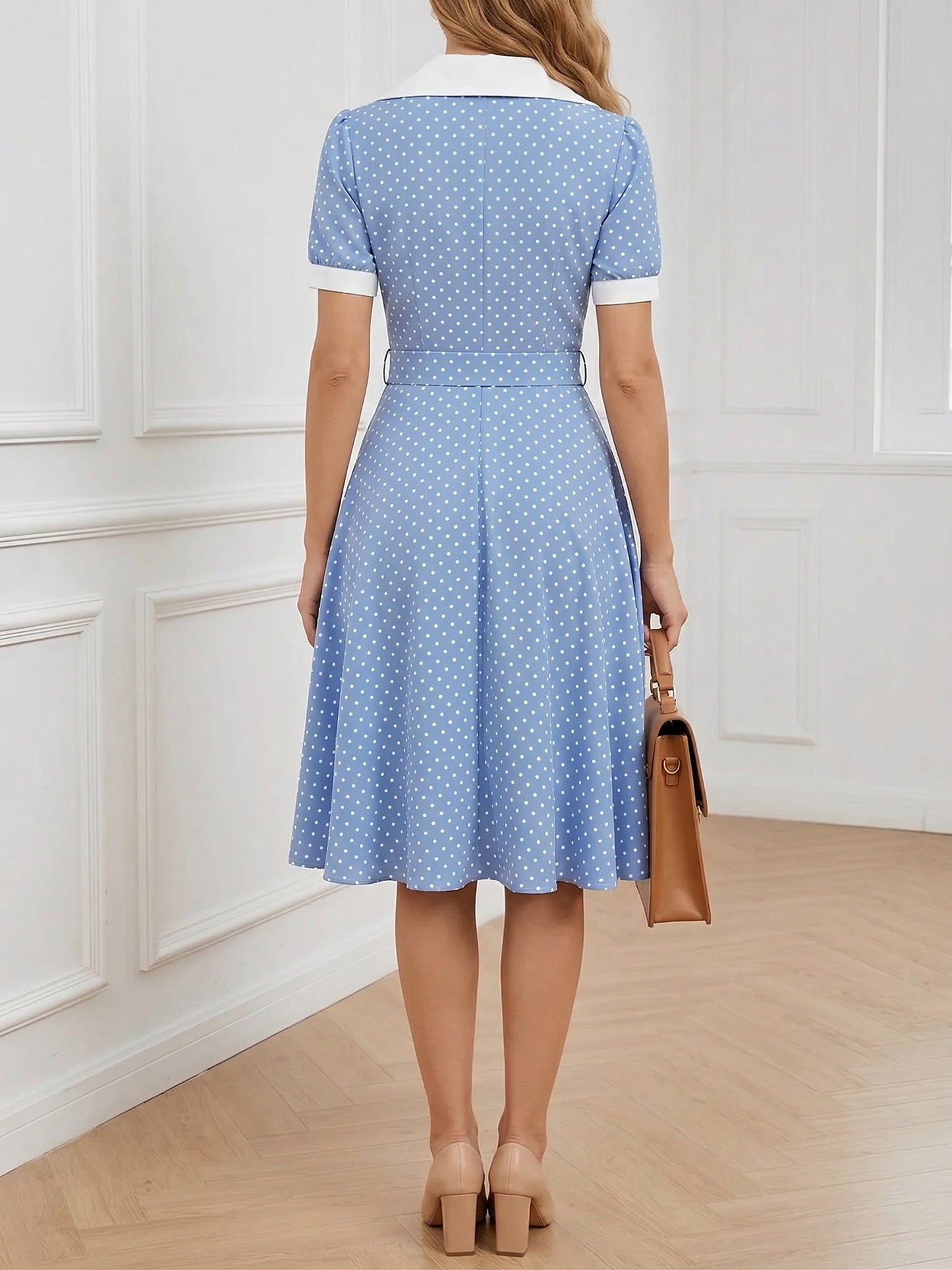 Polka Dots Lapel Button Down Belted Midi Swing Dress