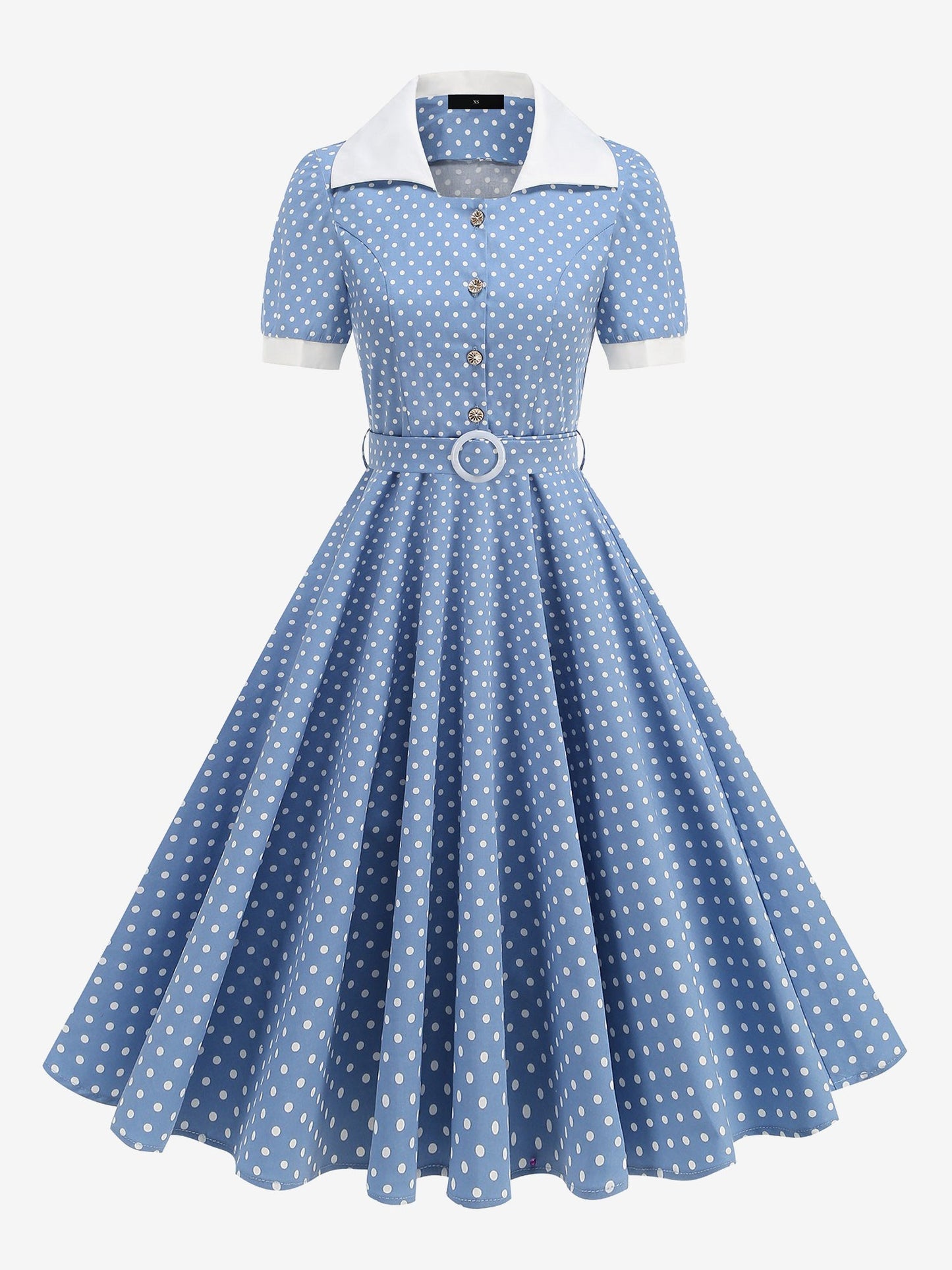 Polka Dots Lapel Button Down Belted Midi Swing Dress