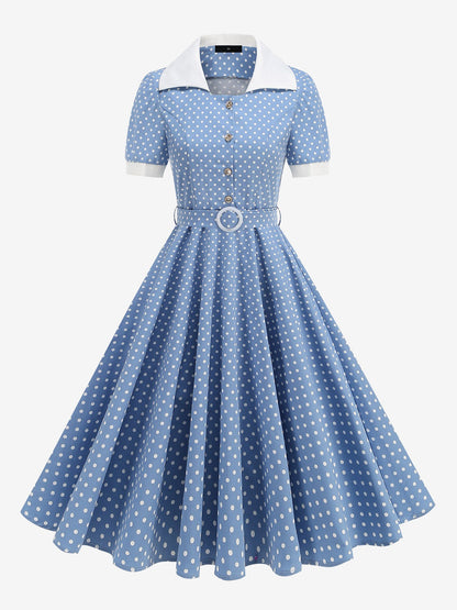Polka Dots Lapel Button Down Belted Midi Swing Dress